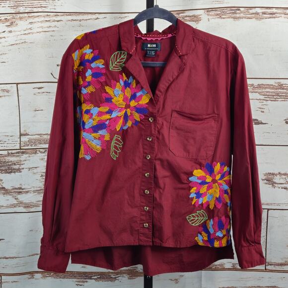 Anthropologie Maeve Embroidered Button Down Burgundy Size 6 - Picture 1 of 7